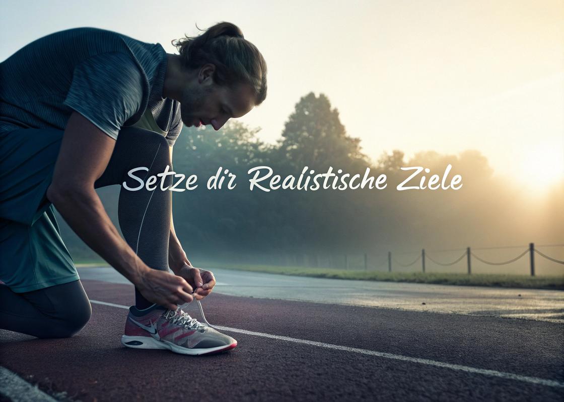 Fokussierter Sportler beim Binden der Laufschuhe auf einer Laufbahn bei Morgendämmerung, detaillierte Schnürsenkel und Sohlenstruktur, sanftes Nebellicht.