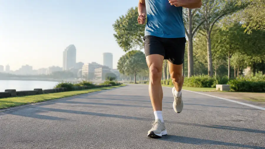 Läufer mit vielseitigen Allround-Laufschuhen auf einer asphaltierten Parkstrecke