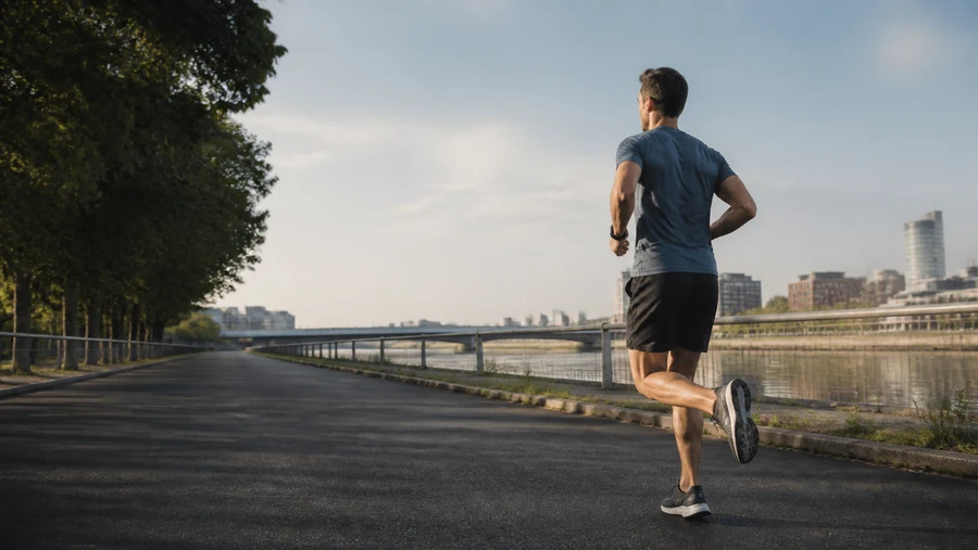 Läufer mit ASICS-Laufschuhen auf einer Stadtstrecke