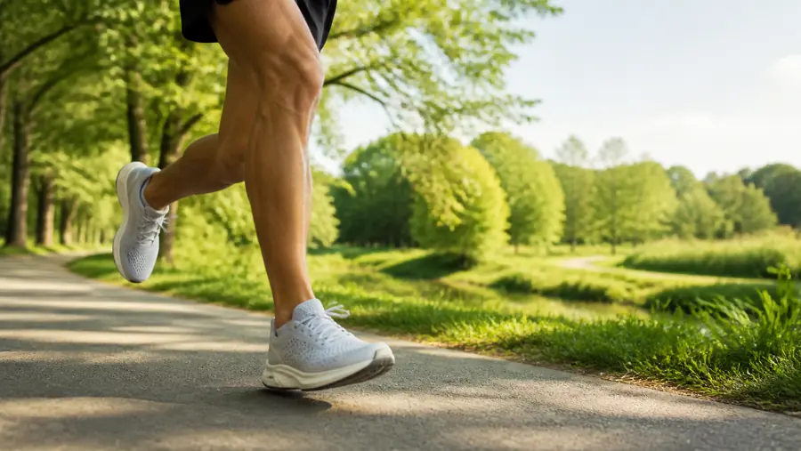 Läufer mit atmungsaktiven Laufschuhen auf einem sonnigen Sommerweg