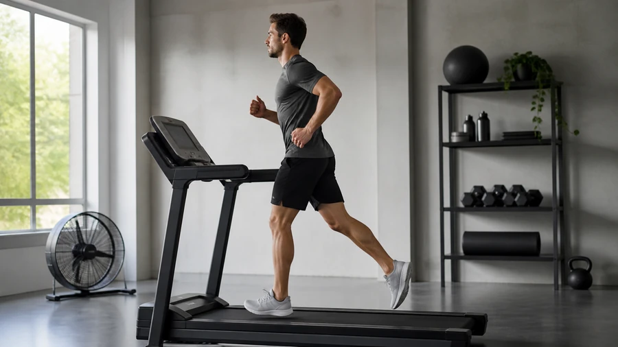 Läufer auf einem Laufband in einem hellen Fitnessraum mit neutralen Laufschuhen