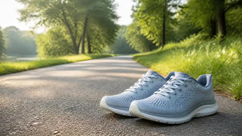 Die besten Laufschuhe für Damen mit breiten Füßen auf einem ruhigen Parkweg