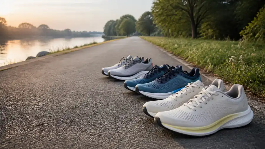 Laufschuhe für lange Strecken auf einer asphaltierten Laufstrecke im Vergleich