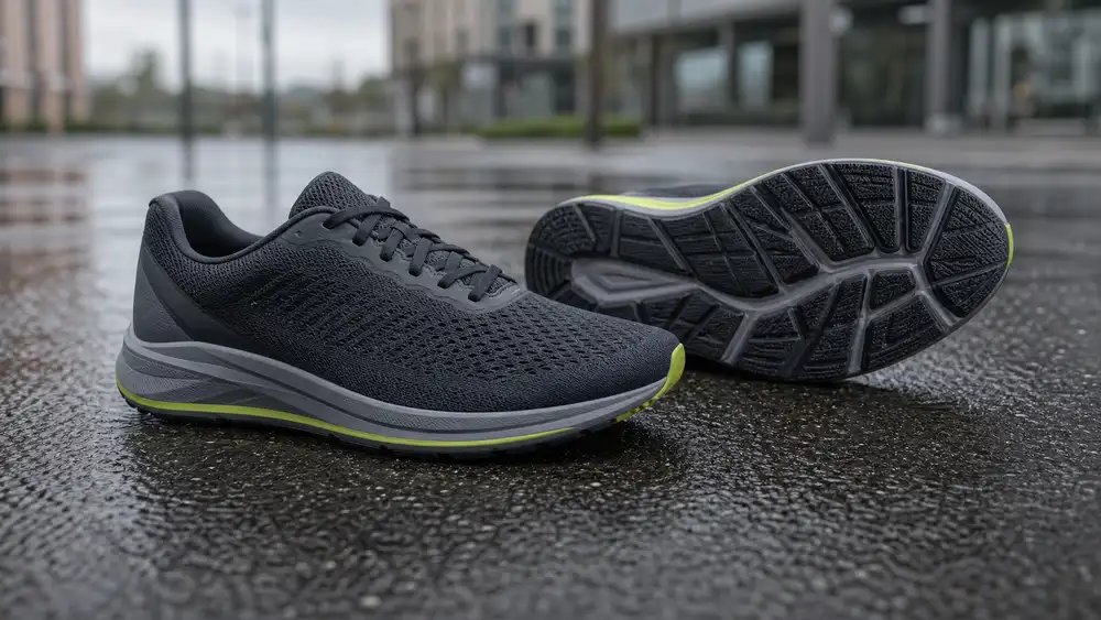Rutschfeste Laufschuhe mit griffiger Außensohle auf nassem Asphalt