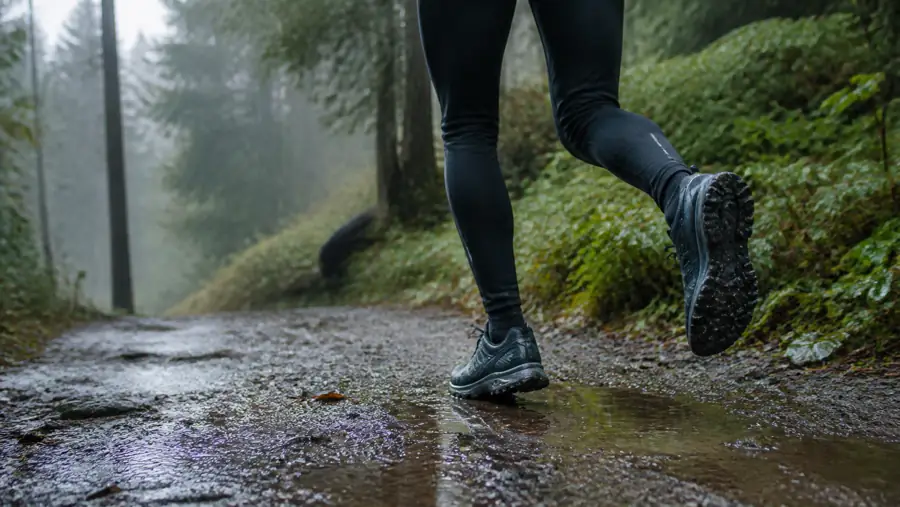 Läufer mit wasserdichten Laufschuhen auf einem nassen Waldweg