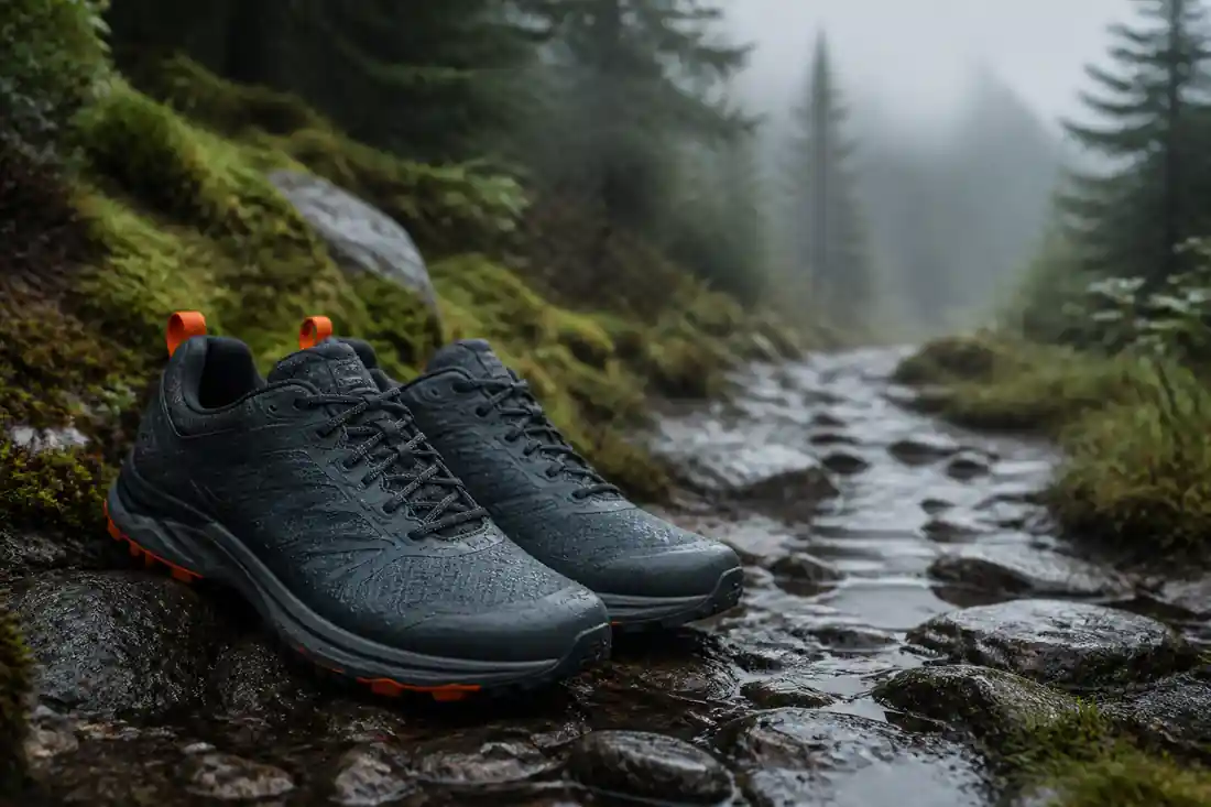 Wasserdichte Trailrunning-Schuhe auf nassem Waldweg