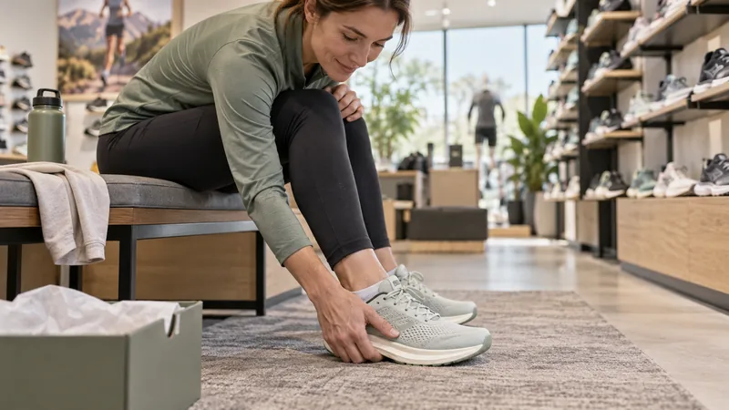 Laufschuh mit breiter Zehenbox wird beim Anprobieren vorsichtig geprüft