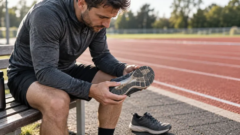 Läufer prüft das abgenutzte Profil seiner Laufschuhe nach dem Training