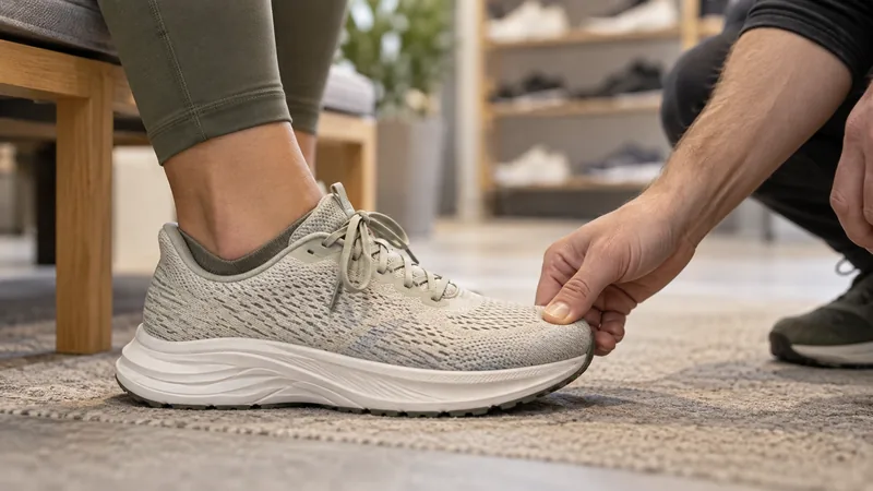 Daumen prüft den Platz vor den Zehen in einem Laufschuh beim Anprobieren