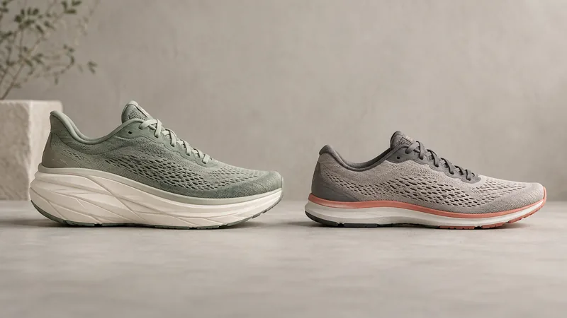 Seitliche Schuhprofile eines Laufschuhs mit höherer und flacherer Ferse im Vergleich